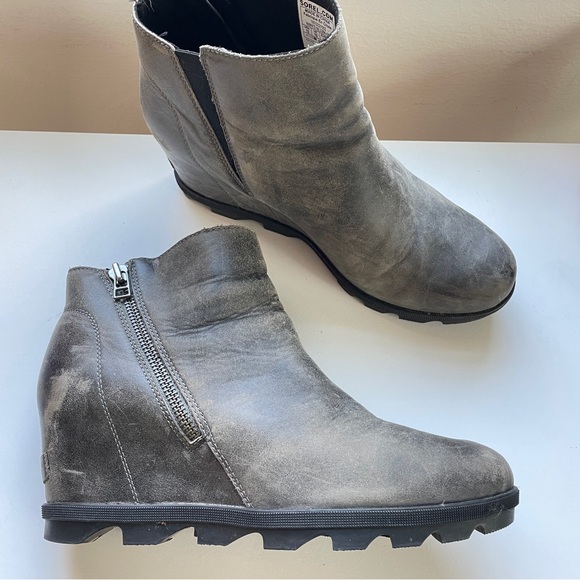 Sorel Gray Leather Joan Of Arctic Wedge II Zip Bootie Ankle Boot Waterproof 12 - Picture 1 of 11